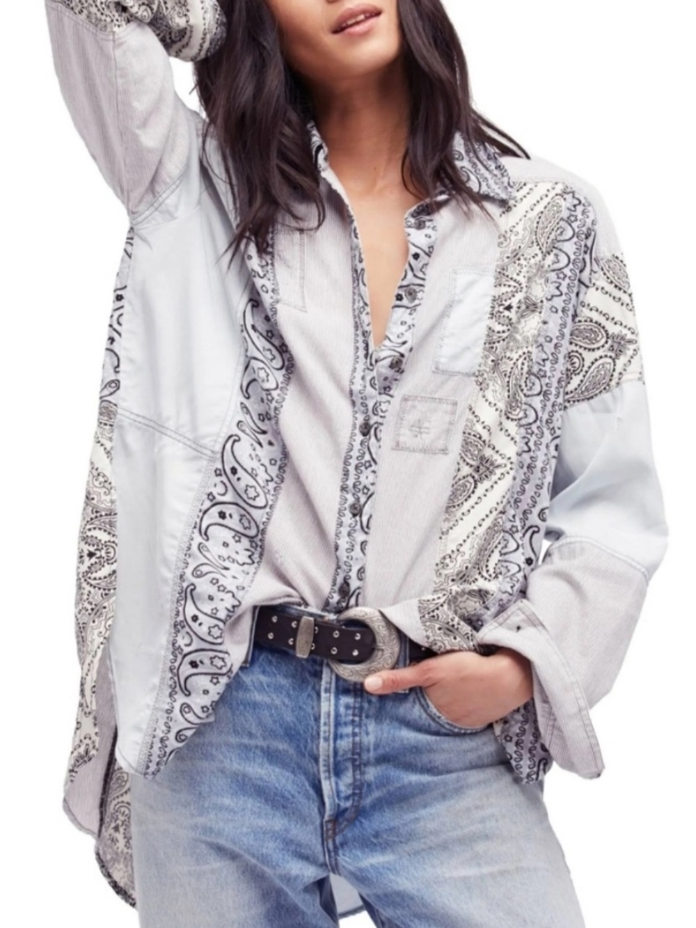 Free People All Patched Up Button-Down Shirt small